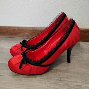 Ellie Doll Red Satin High Heel Pumps with Black Trim